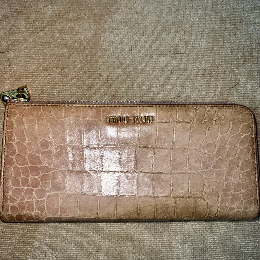 Miu Miu Pinkish Tan Crocodile Embossed Continental Wallet